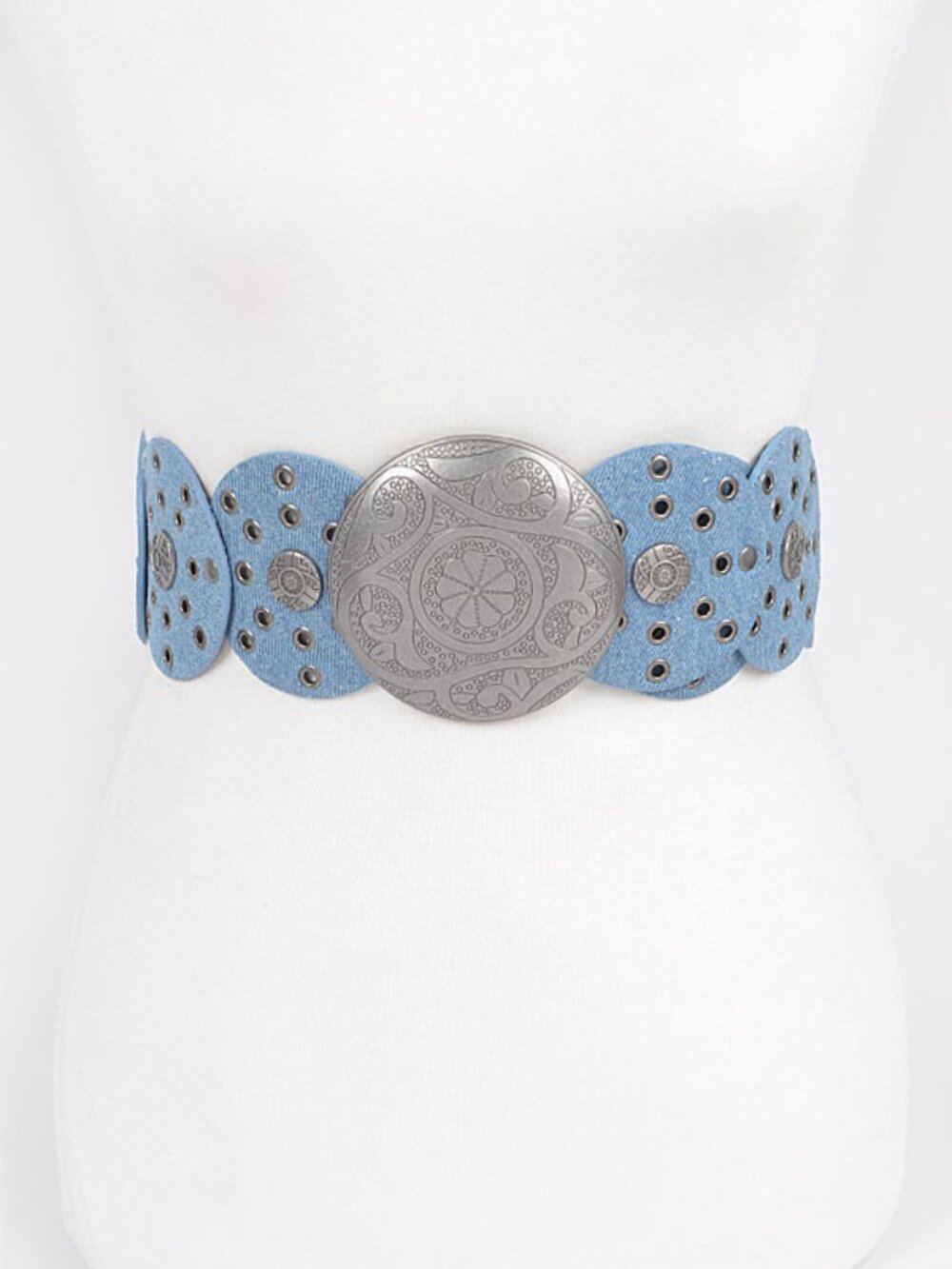 BNWT Rivet Light Denim Disk Statement Western Round Buckle Belt Wide Belt